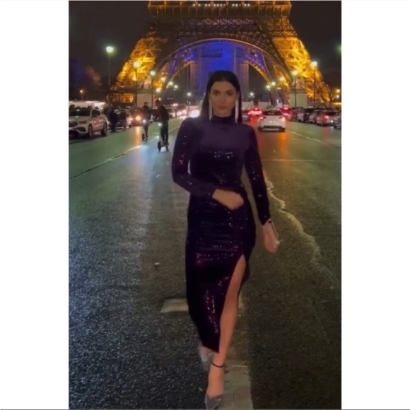 ZARA Velvet Sequins Ruched Midi Dress Back Keyhole Asymmetric Bodycon XS NWT - Picture 5 of 7